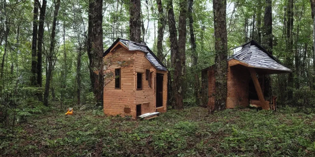 Prompt: a nice little house made out of plastic in the woods