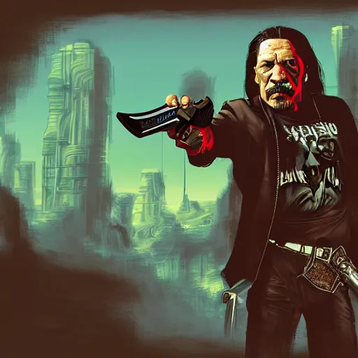 Image similar to danny trejo in a cyberpunk landscape wielding a machete and a revolver, concept art