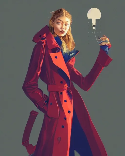 Prompt: gigi hadid wearing fashionable trench coat, volumetric lighting, conrad roset, jesper ejsing, artgerm, artstation, halo of light