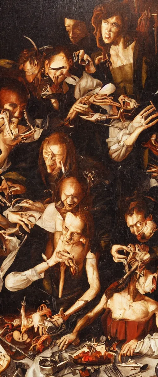 Image similar to renaissance close up studio shot oil painting of vampires at work dissecting a body for dinner