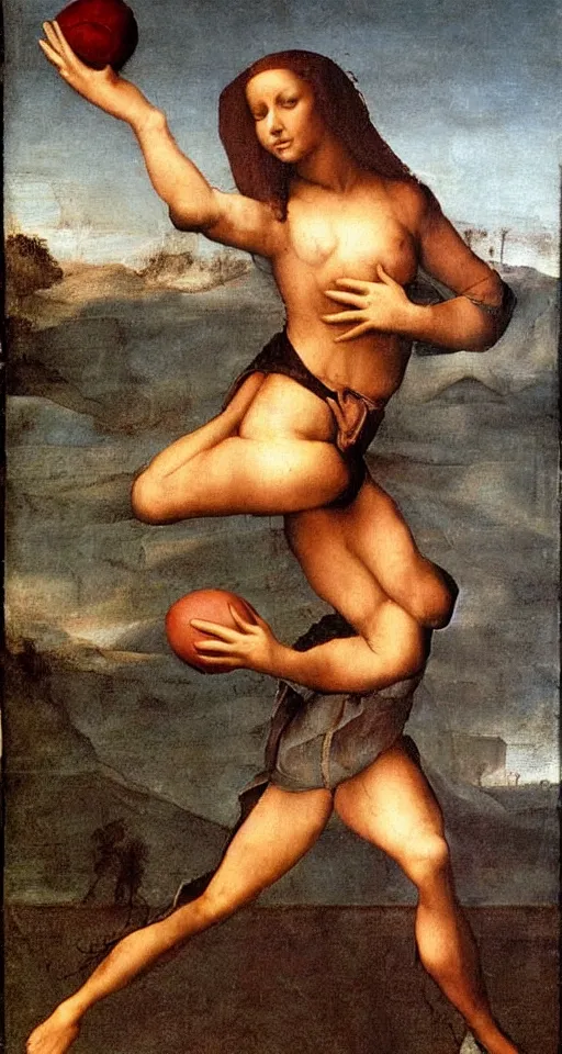 Prompt: Olivia Newton-John playing football by Leonardo da Vinci