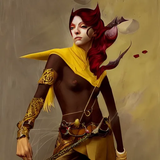 Image similar to a beautiful and androgynous half - elf with almond skin tone and messy short red hair and catlike features with yellow eyes with slit pupils, dressed in a jodhpuri suit, dnd character, golden aura, realistic portrait by ross tran and gerald brom and kehinde wiley and fernando amorsolo, trending on artstation