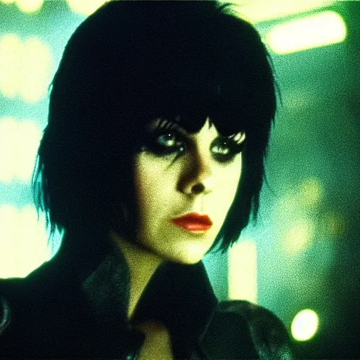 Image similar to a film portrait still of joan jett in blade runner, gritty cyberpunk atmosphere. realism, cinematic lighting, beautiful gothic fantasy photorealistic, 4 k. 8 mm. grainy. panavision.