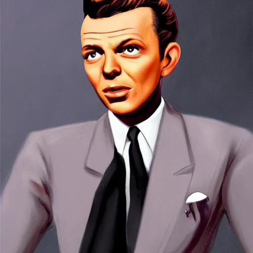 Image similar to perfect composition, subdued color palette, award-winning concept art, detailed digital painting, airbrushed, low contrast: costume design for young Frank Sinatra as a poor 1950s bartender. Volumetric cinematic lighting, great attention to perfect anatomy, special attention to posing, great attention to realistic facial expression, faithful cinematic color scheme, perfectly coherent. In the style of: Greg Rutkowski, Francis Bacon, Syd Mead, Norman Rockwell, Beksinski, Edward Hopper, James Gilleard, Ilya Kuyshinov, WLOP, Stanley Artgerm, Takato Yamamoto, and James Jean.