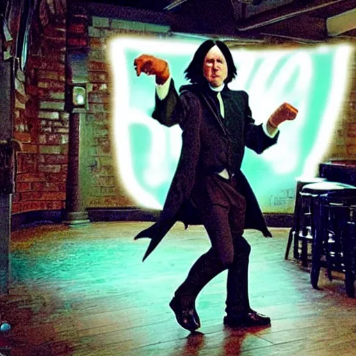 Prompt: Severus Snape dances in a bar, neon, realistic, full body, very detailed, super realistic dramatic view