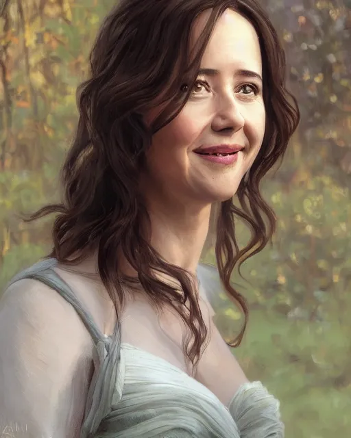 Prompt: a portrait painting of linda cardellini / amy acker / sabrina lloyd hybrid oil painting, gentle expression, laughing, elegant clothing, scenic background, unreal 5. rpg portrait, extremely detailed, artgerm, greg rutkowski, alphonse mucha, vladimir volegov, adolphe bouguereaum, greg hildebrandt, tim hildebrant