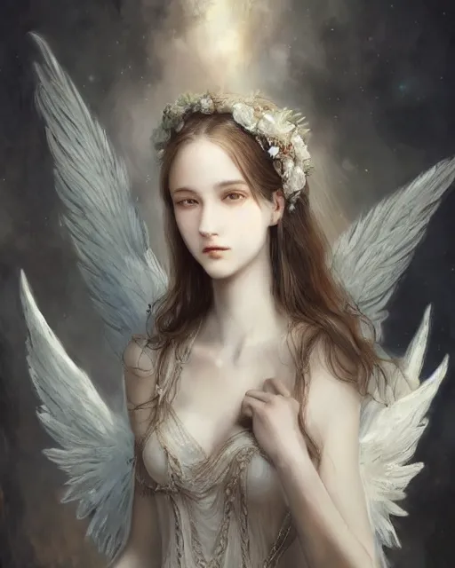 Image similar to an infinitely detailed portrait of a frail and pale female peace angel elegantly. fully - clothed full - body, beautiful! scenery art!! coherent! by wlop & murata, victorian color palette, artstation / pixiv!! highly elegantly armored angel portrait full - body, dreamy art