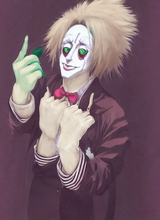 Image similar to portrait of the clown removing his makeup, anime fantasy illustration by tomoyuki yamasaki, kyoto studio, madhouse, ufotable, trending on artstation