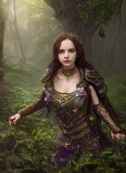 Image similar to Beautiful art portrait of a female fantasy cleric in a mystical fantasy temple surrounded by spring lush forest, atmospheric lighting, intricate detail, cgsociety, hyperrealistic, octane render, RPG portrait, ambient light, dynamic lighting