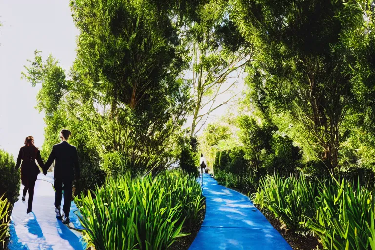 Prompt: a cinematic wideangle photograph of a man and woman walking through a walkway, green plants, blue sky, beautiful lighting, ultra realistic