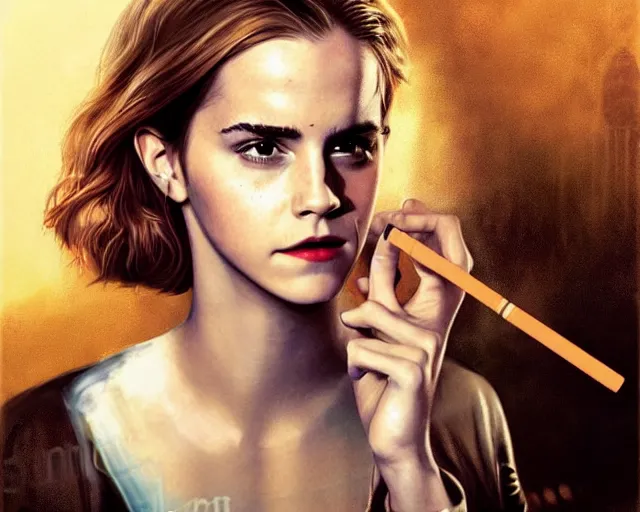 Image similar to emma watson as sherlock biting a cigarette pipe, airbrush art, drew struzan illustration art, key art, movie poster