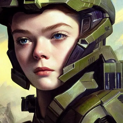 Image similar to ultra realistic portrait painting of elle fanning in halo 2, art by frank frazetta, 4 k, ultra realistic, highly detailed, epic lighting