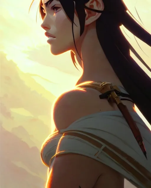 Image similar to azctec warrior, megan fox, detailed perfect face, exquisite details, fire magic, mid view, design on a white background, by studio muti, greg rutkowski makoto shinkai takashi takeuchi studio ghibli