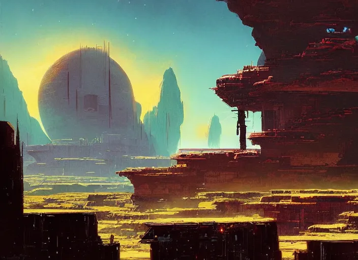 Prompt: a building in a stunning landscape by martin deschambault, dean ellis, peter elson, josan gonzalez, david a hardy, john harris, wadim kashin, angus mckie, moebius, bruce pennington