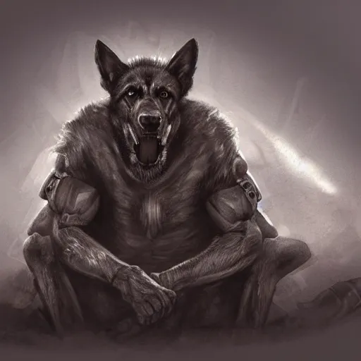 Image similar to a wounded humanoid german shepherd beast - man in military style, sitting on the carpeted floor beside a bed, highly detailed portrait, digital painting, artstation, concept art, smooth, sharp foccus ilustration, artstation