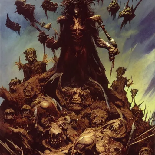 Prompt: A goblin king stands on the corpses of his enemies, painting by Frank Frazetta, detailed, 4k