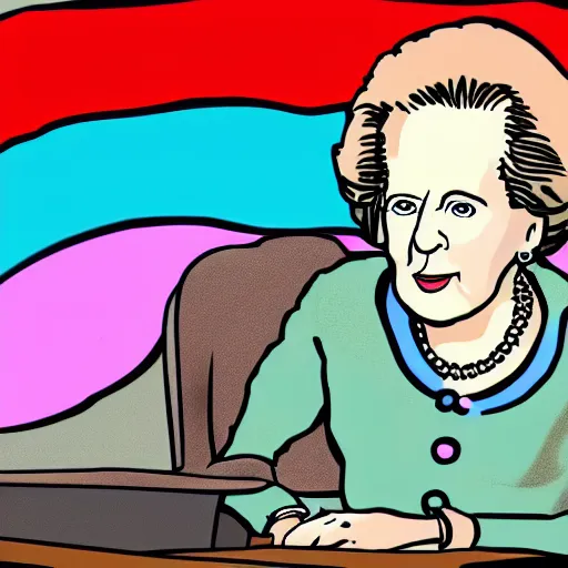 Prompt: wikihow illustration of having fun ( in a girly way ) by looking at photos of margaret thatcher on your laptop, as you sit on your couch in front of a rainbow tv static painting