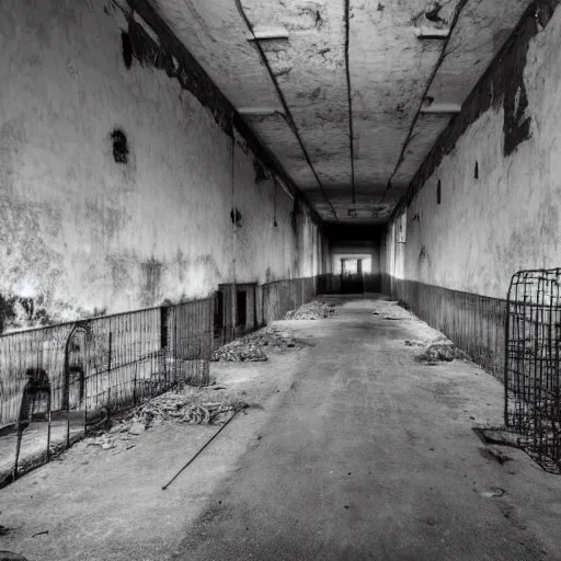 Image similar to terrifying ghosts in abandoned prison, security camera, black and white, real