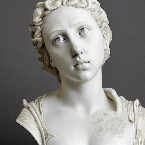 Image similar to a white art nouveau marble sculptural bust of a worried young scarlett johansson as joan of arc, with silver plate armor, delicate, intricate, smooth, beautiful, by charles van der stappen