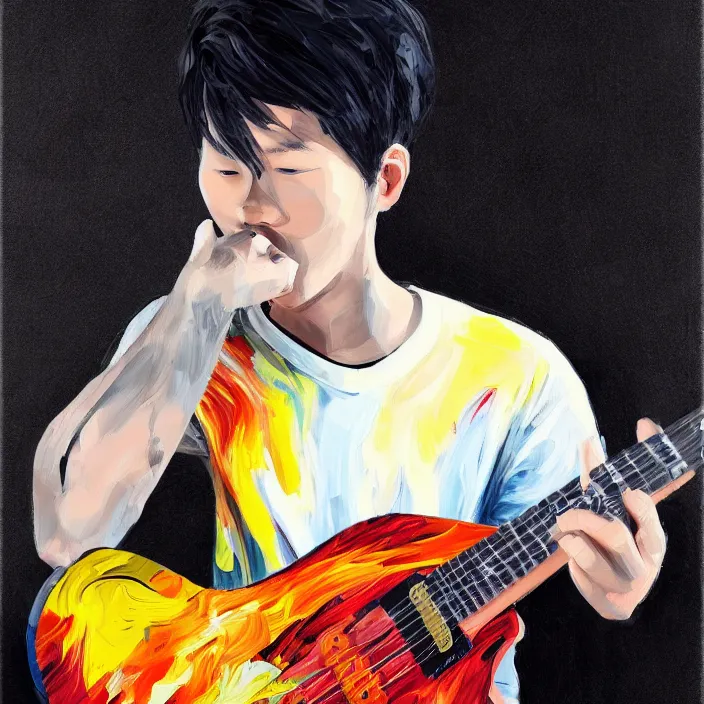 Image similar to abstract large swirly brush strokes painting of a young korean man wearing stylish black v neck t shirt holding a telecaster!!! electric guitar!!, candid!! dark background, huge thick flowing dramatic brush strokes, matte colors, abstract, impressionist, motion, trending on artstation