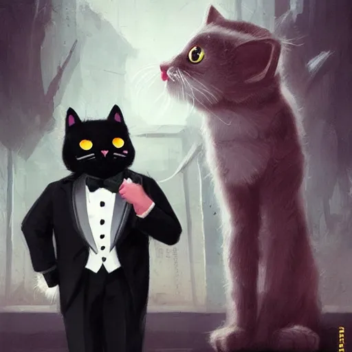 Image similar to cute kittycat man man wearing a cat costume wearing a tuxedo ripped physique greg rutkowski portrait