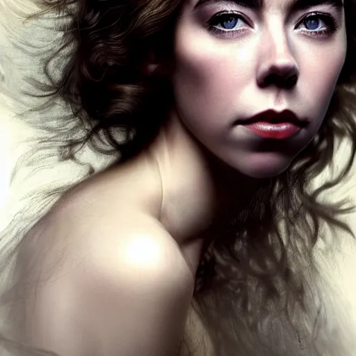Image similar to stunning photo of vanessa kirby, dark - haired goddess, a beautiful closeup, she has tears running down her face, wet lips, perfect eyes, insanely detailed, elegant, by wlop, rutkowski, livia prima, mucha,