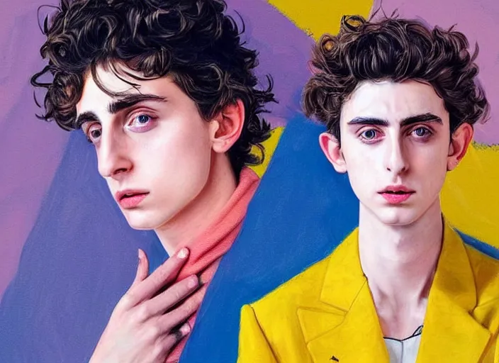 Prompt: +very detailed+masterpiece+painting+Timothee Chalamet+golden suit+featured in artstation+digitally drawn by WLOP+yellow+blue+pink-H 900