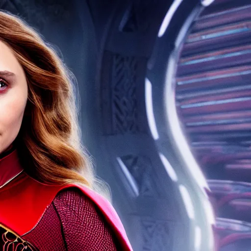 Image similar to A portrait of elizabeth olsen as scarlet witch from the movie doctor strange 2, cinematic, 8k
