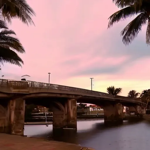 Image similar to blue hour, mostly cloudy sky, palm trees, bridge, curved bridge, dusk, 2 4 0 p footage, 2 0 0 6 youtube video