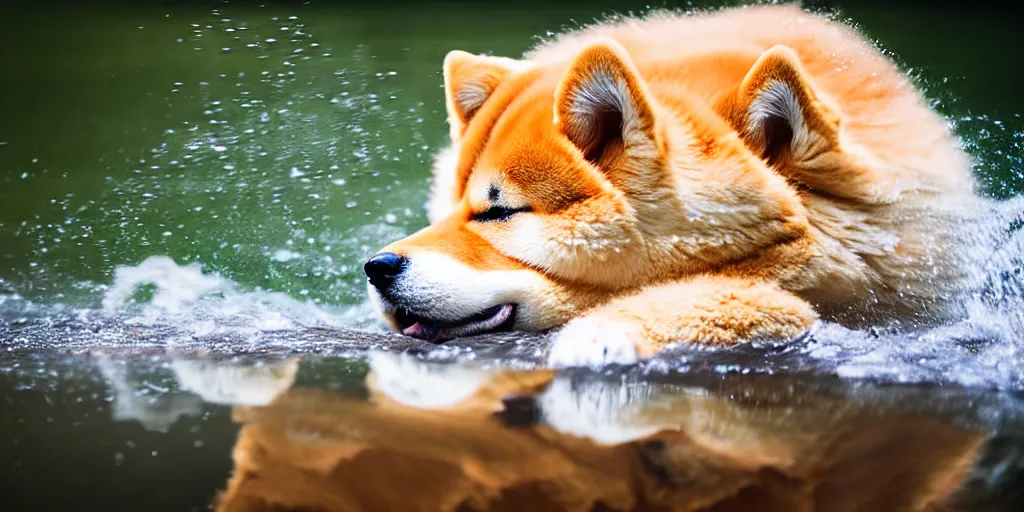 Image similar to Close up portrait of a big fluffy cat mixed with a shiba inu, award winning photograph, 50 mm lens and f/12.0, fast shutter speed of water floating in the air