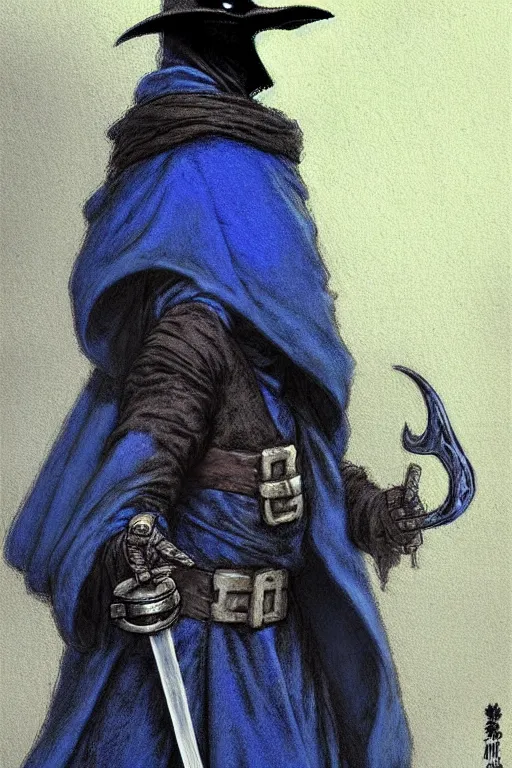 Image similar to a plague doctor with a blue robe as a d & d character, blue robe, magical, black fur armor, starwars, concept sheet, painting by gaston bussiere, demon slayer, akiri toriyama, dramatic lighting, anime