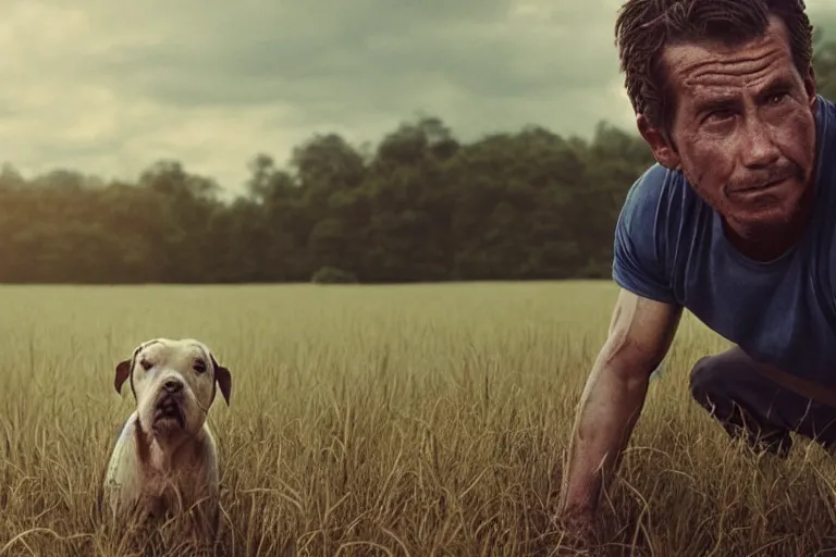 Prompt: a cinematic headshot portrait of a farmer, working out in the field, a dog in the background, movie still, shallow depth of field, muted colors, by krenz cushart