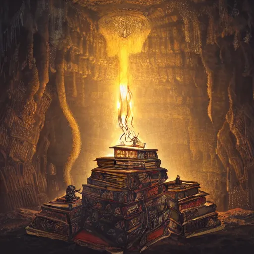 Image similar to epic view of an ancient dark byzantine cave interior, ornate oil lamp on a pile of crystals, books covered in jewels, ornate, surrounded by strange statues and treasure, full of sand and glitter, hyper real, Indiana Jones, Tomb Raider, trending on artstation, concept art, cinematic, jewels, by Jordan Grimmer