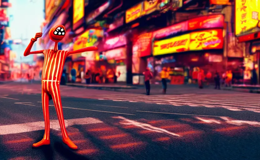 Prompt: hot dog man dancing on a street corner, cyberpunk, detailed, 4 k