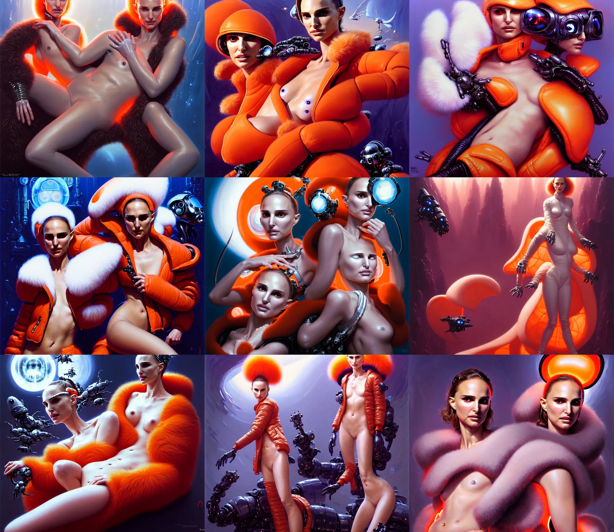 Prompt: beautiful fantasy character portrait, natalie portman, wearing orange puffy bomber jacket with white fur, seductive reclining pose, futuristic chrome drones, ultra realistic, dark dramatic lighting, robots, the fifth element artifacts, highly detailed by peter mohrbacher, hajime sorayama, wayne barlowe, boris vallejo, aaron horkey, gaston bussiere, craig mullins