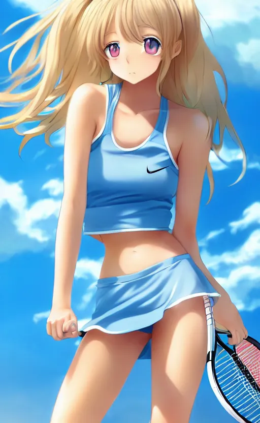 Image similar to a very beautiful young anime tennis girl, full body, head, long wavy blond hair, sky blue eyes, full round face, short smile, bikini, miniskirt, front view, mid - shot, highly detailed, cinematic wallpaper by stanley artgerm lau