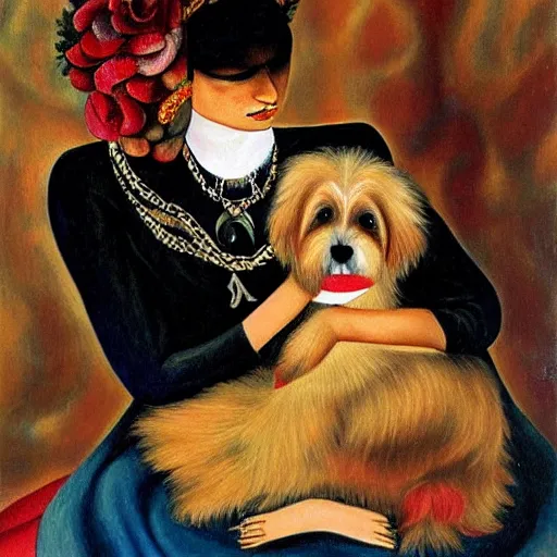 Image similar to cream colored havanese dog with frida kayla painting by frida kahlo 1 9 3 5