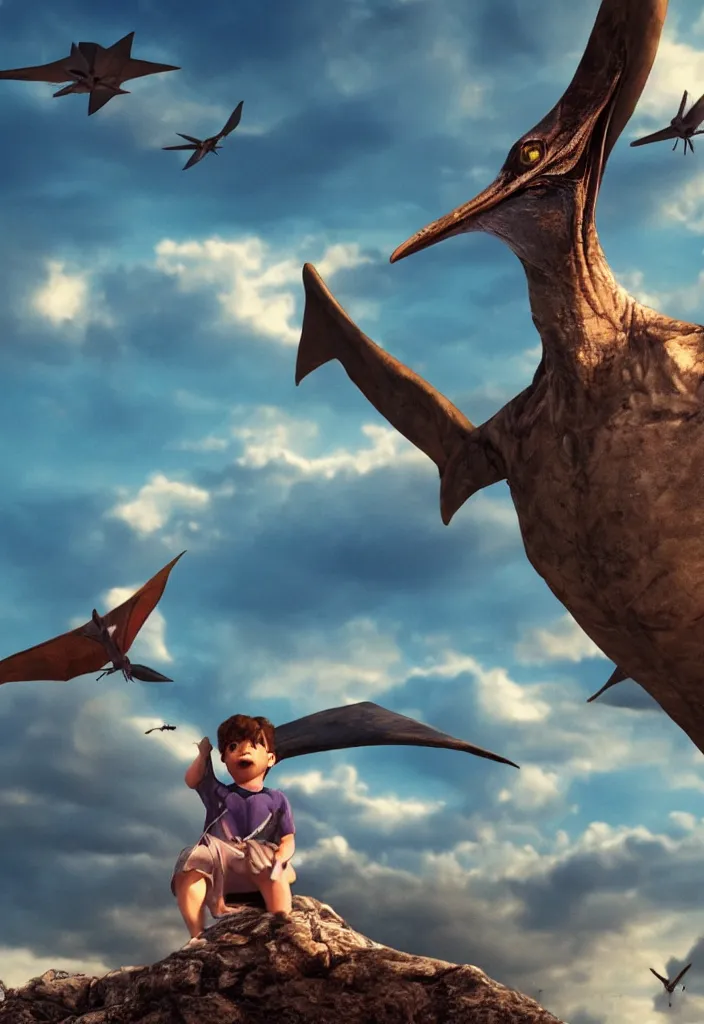 Prompt: a child looking at a pterodactyle flying in the sky in the style of a movie poster, realistic, super detailed, cinematographic, epic lighting