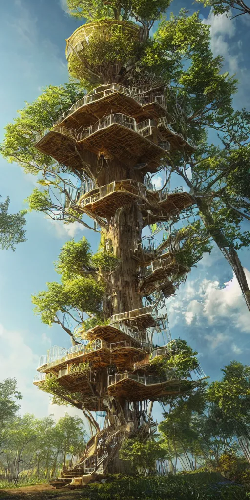 Prompt: ultra realistic and intricate detailed photograph of giant holy tech treehouse, innovation, bright modern style, artstation, unreal render, depth of field, ambient lighting, award winning, stunning