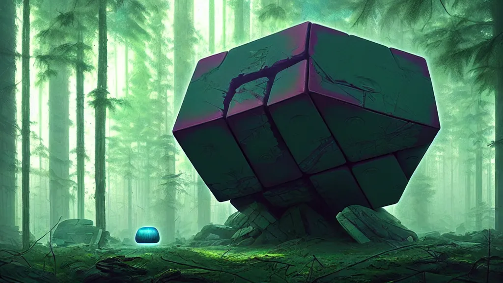 Image similar to a huge indeterminate color alien cube with a strange texture from nanotechnology, forgotten and lost in the forest, detailed digital art by greg rutkowski.