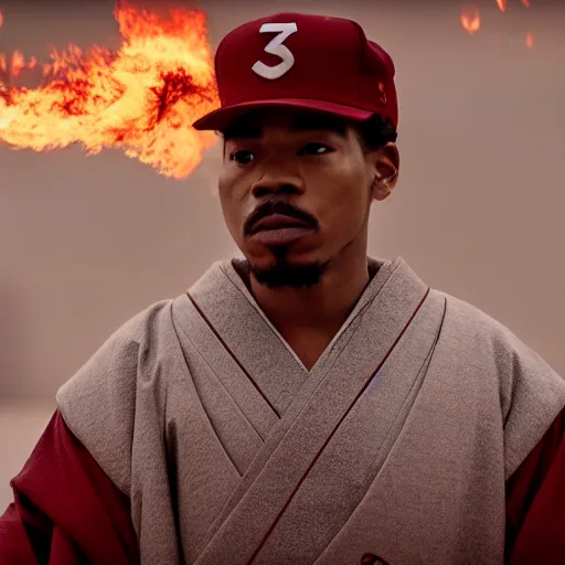 Image similar to cinematic film still of Chance The Rapper starring as a Samurai holding fire, Japanese CGI, VFX, 2022, 40mm lens, shallow depth of field, film photography