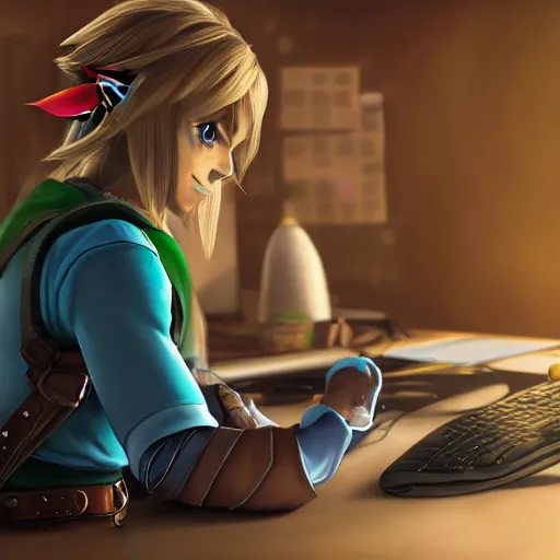 Image similar to Link from Zelda, sitting at a desk programming on a computer, close-up shot, cozy, elegant, realistic character concept, indoor lighting, hyperdetailed, high resolution, insanely detailed and intricate, Yusuke Nakano