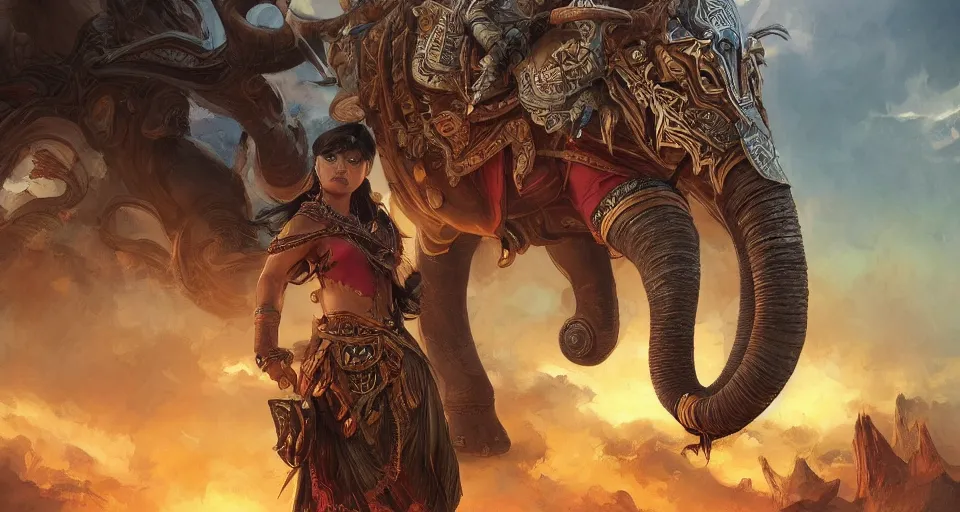 Image similar to magic tribal ethnic asian female, riding a war elephant, contrast lightning, deep focus, d & d, fantasy, intricate, elegant, highly detailed, digital painting, artstation, concept art, matte, sharp focus, illustration, hearthstone, art by artgerm and greg rutkowski and alphonse mucha