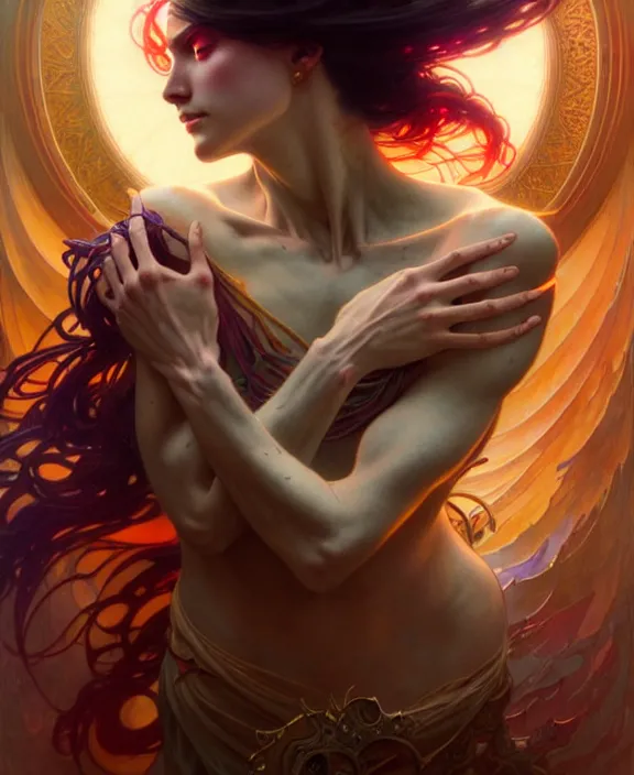 Image similar to a whirlwind of souls ushing inside the metaverse, half body, glowin eyes, d d, fantasy, intricate, elegant, highly detailed, colorful, vivid color, digital painting, artstation, concept art, art by artgerm and greg rutkowski and alphonse mucha and ruan jia