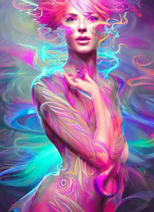 Image similar to psychedelic [ chemiluminescence ] [ [ [ smiling ] ] ] dancing elegant woman chakra spirit with pink hair smoke and fluid dynamics, colorful, psychedelic, ornate, intricate, digital painting, concept art, smooth, sharp focus, illustration, blacklight reacting, art by artgerm and greg rutkowski