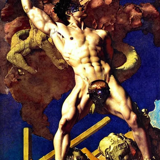 Image similar to Ripped Physique Tragic Portrait of Phaethon the Roman Demigod Son of Helios losing control of the reins of the chariot chariot that is the sun careening through the zodiac filled stratosphere. norman rockwell guillem h. poniluppi howard pyle Ilya Repin Michelangelo Buonarotti Leonardo Da Vinci rodin greg rutkowski james gurney. tombow masterpiece fresco watercolor grisaille Trompe-lœil