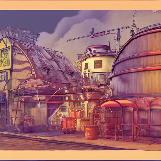 Image similar to fineline painting of an isometric steampunk strawberry jam factory, colour pallette of strawberry shortcake, incredible detail, vray render subsurface scatter drum scanner, intricate complexity, golden ratio, cartoon animation pendleton ward, karol bak, 8 k detail