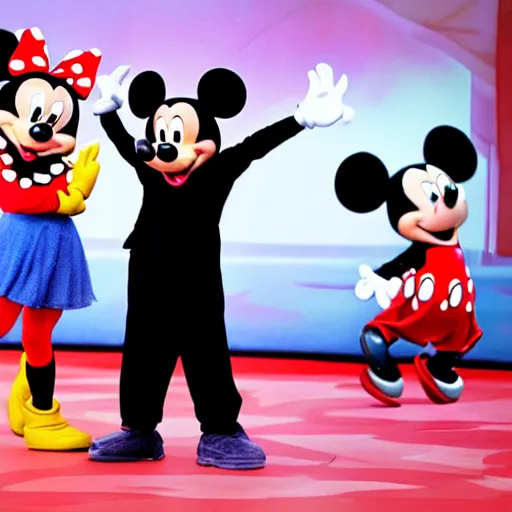 Prompt: mickey mouse dancing with minnie mouse