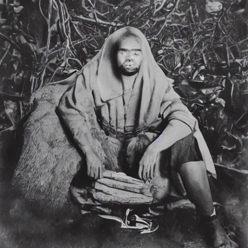 Image similar to a chiaroscuro lighting portrait of kanye west dressed as rick owens, black background, portrait by julia margaret cameron, shallow depth of field, 8 0 mm, f 1. 8