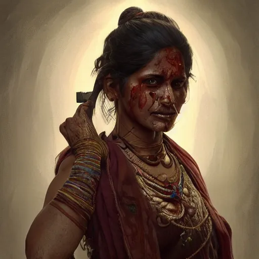 Image similar to portrait painting of a bloodied indian female butcher, ultra realistic, concept art, intricate details, eerie, highly detailed, photorealistic, octane render, 8 k, unreal engine. art by artgerm and greg rutkowski and alphonse mucha